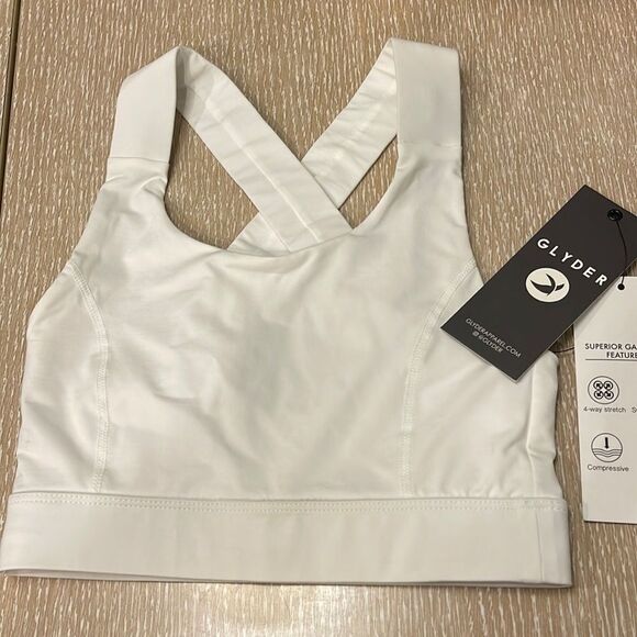 Glider white exoflex wide crossing strap lightweight compression sports bra. XS - Picture 1 of 3